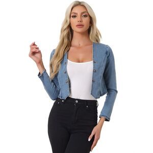 Denim Jacket Collarless Open Front Casual Crop Shrug Blue